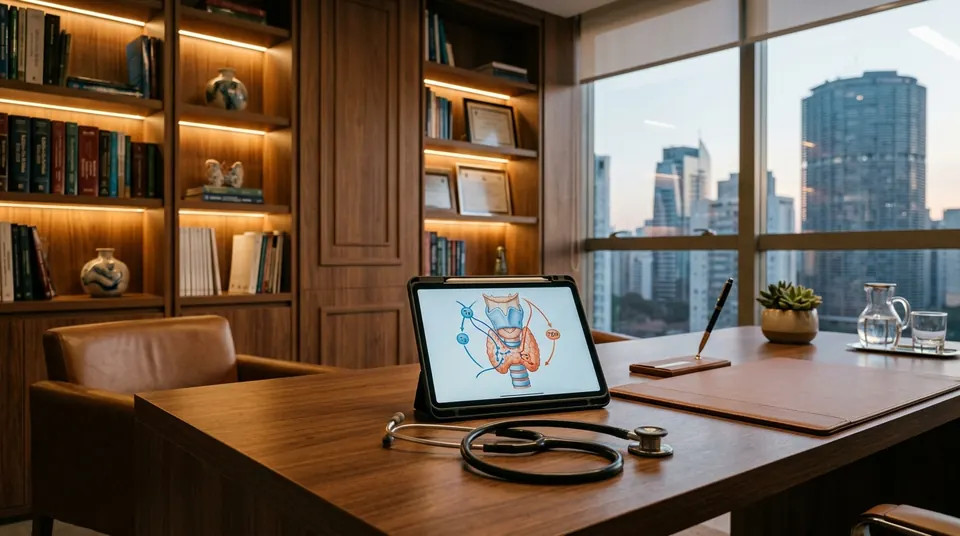 Imagem ilustrativa: tablet com ilustração da glândula tireoide sobre mesa de consultório